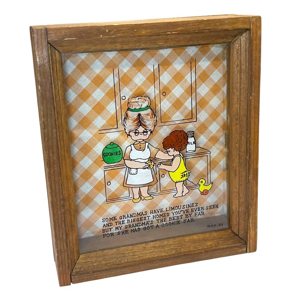 Vintage 1983 Grandma Cookie Jar Hand Painted Glass Shadow Box Wood Wall Decor